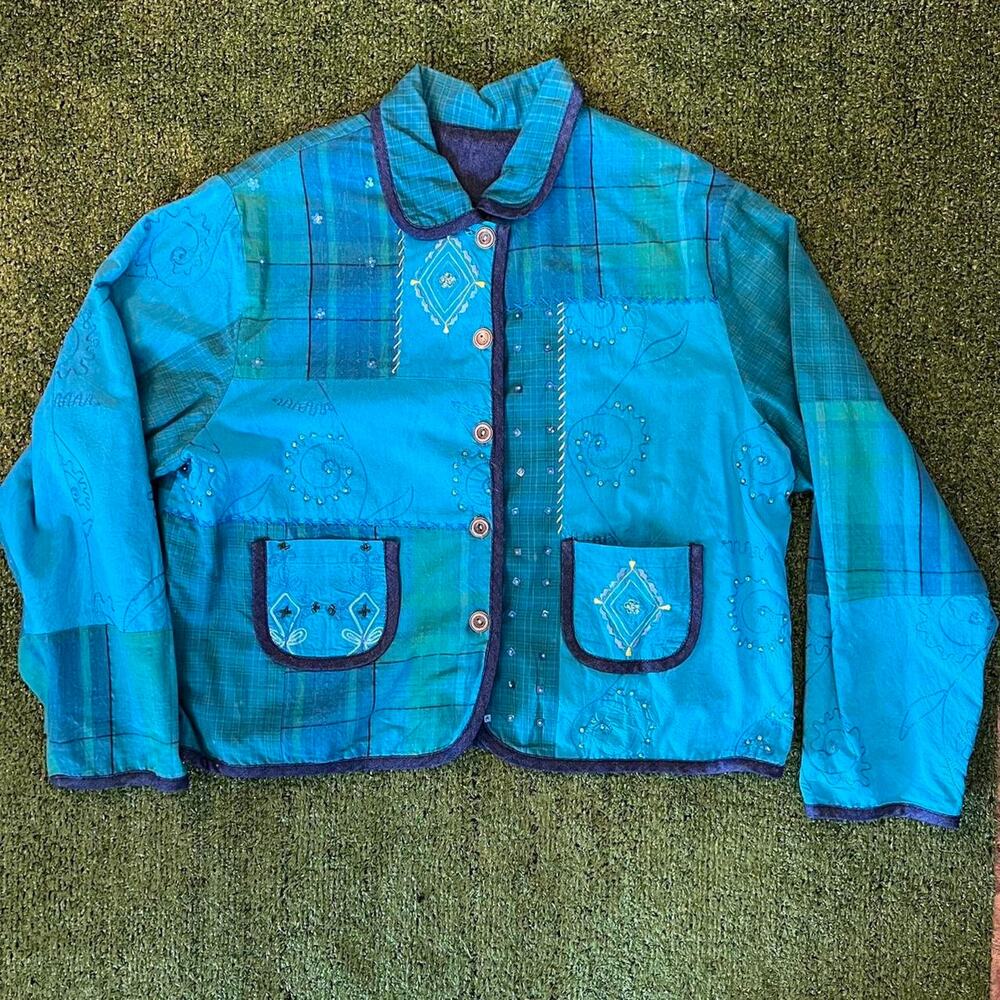 Handmade Reversible blue denim patchwork quilt beaded sequin embroider jacket XL